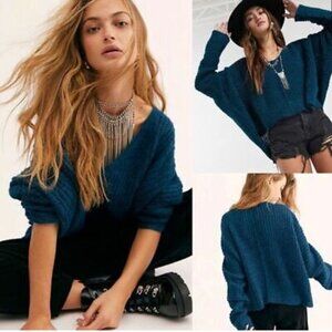 Free People Blue V Neck Alpaca Oversized Ribbed Knit Pullover Sweater S
